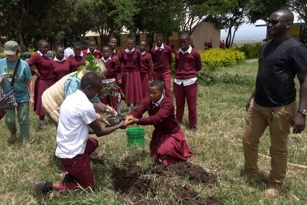 Ecolières plantent un arbre
