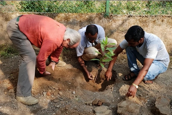 Enrichissement de l'enclos de Shivani. Pierre Challandes et 2 membres de Wildlife SOS plantent un arbre Enrichissement de l'enclos de Shivani. Pierre Challandes et 2 membres de Wildlife SOS plantent un arbre